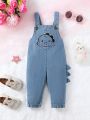 Cute Baby Boy's Water Washed Denim Overalls With Embroidered Facial Expressions