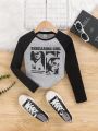 SHEIN Kids EVRYDAY Tween Girls' Knitted Printed Slogan Contrast Color Raglan Sleeve Round Neck Casual Fitted Cropped T-Shirt