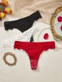 Valentine's Day Solid Color Lace Thong Panties 3pcs/Set