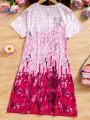 Teenage Girls' Fashionable Digital Printed Sequin Effect Short Sleeve T-Shirt Dress