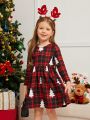 SHEIN Young Girl 1pc Christmas Tree & Plaid Print Dress