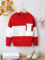 Young Girl Two Tone Drop Shoulder Pocket Patched Sweater