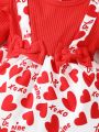 2pcs Infant Toddler Girls' Cute Heart & Cartoon & Letter Printed Round Neck Long Sleeve Dress With Bow Headband For Home Or Daily Wear