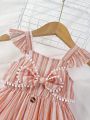 SHEIN Baby Girls' Casual Retro Elegant Striped Fabric Bowknot Decorated Dress For Holiday And Going Out