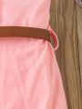 SHEIN Kids EVRYDAY Young Girl Casual Cartoon Embroidery Pattern Polo Collar & Cute Waist Bag Design Dress, Summer
