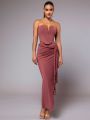 SHEIN BAE Valentine's Day And New Year'S Eve Pink Strapless Off-Shoulder Sexy Top And Twist Straps Decorated Draped Long Skirt Elegant Women Two-Piece Set