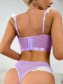 2pcs/Set Ladies' Contrast Color Net Mesh Panel Hollow Out Detail Lace Bra With Underwire And Triangle Panties Lingerie