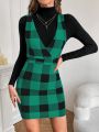 SHEIN Privé Buffalo Plaid Overall Dress Without Sweater