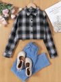 Teen Girls' Casual Fashionable Plaid Turn-Down Collar Short Shirt For Spring And Autumn