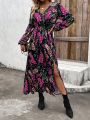 SHEIN LUNE Women's Flower Print High Split Lantern Sleeve Maxi Dress