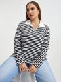 SHEIN Essnce Women's Plus Size Striped Collar Splicing Half Zipper Semi-open-neck T-shirt