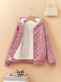 SHEIN Tween Girls' Woven Solid Color Short Plush Padded Hooded Casual Jacket