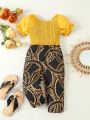 Baby Girl's Elegant Chain Pattern Patchwork Shirred Puff Sleeve Jumpsuit Pantsuit For Summer