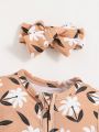 SHEIN Newborn Baby Girls' Flower Pattern Round Neck Long Sleeve Jumpsuit With Headband Set