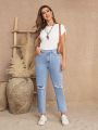 SHEIN LUNE High Waist Ripped Mom Fit Jeans