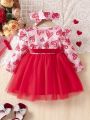 Infant Girls' Heart Print Long Sleeve Dress With Headband