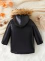 Baby Boy Fuzzy Trim Hooded Thermal Lined Winter Coat Without Sweater