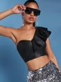 Luxe One Shoulder Ruffle Trim Crop PU Leather Top