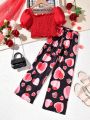 SHEIN Kids EVRYDAY Teen Girls' Puff Sleeve Top & Heart Wide Leg Pants Two Piece Set