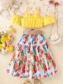 SHEIN Kids SUNSHNE Little Girls' Cute Sweet Elegant Ladylike Set Of Ruffle Edge Cami Top And Floral Skirt