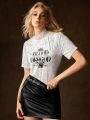 HOUSE OF THE DRAGON X SHEIN Contrast Lace High Neck Short Sleeve Letter Print T-Shirt