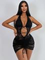 SHEIN Swim BAE Women's Criss Cross Lace Up Hollow Out Drawstring Halter Cover Up