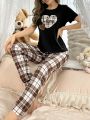 Heart Print Short Sleeve T-Shirt And Plaid Pants Homewear