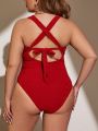 SHEIN Swim Chicsea Plus Size Solid Color One Piece Swimsuit With Circular Decoration