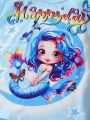 SHEIN Kids CHARMNG Young Girls' Summer New Arrival Simple Mermaid Printed T-Shirt & Bell Bottom Pants Set