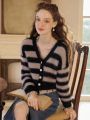 Striped Pattern Drop Shoulder Crop Fuzzy Cardigan