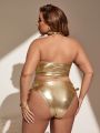 SHEIN Swim Basics Plus Size Hollow Out Detail Metallic Bikini Swimsuit Set