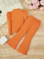 SHEIN Young Girl Button Decor Stand Collar Leg-Of-Mutton Sleeve Ribbed Knit T-Shirt And Flared Pants Set