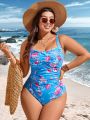 SHEIN Swim Curve Summer Beach Plus Size Floral Printed One-Piece Swimsuit With Pleated Details