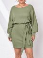 SHEIN Essnce Women's Solid Color Off Shoulder Dress With Waist Tie For Plus Size