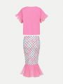 SHEIN Kids QTFun Young Girls' Round Neck Mermaid Pattern Mesh Splicing T-Shirt And Fish Scale Pattern Mesh Splicing Mermaid Tail Skirt Set