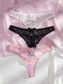 3pcs/Set Women's Lace Thongs With Bowknot Decoration