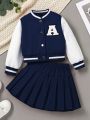 Girls' Fashionable Color Block Towel Embroidery Baseball Jacket And Pleated Skirt Set With Striped Ribbon Hair Clip