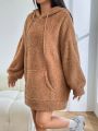 SHEIN EZwear Kangaroo Pocket Drop Shoulder Drawstring Teddy Hoodie Dress