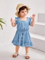 SHEIN Baby Girls' Casual Denim Look Square Collar Top And Elastic Waist Half Skirt Set