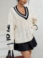 SHEIN Qutie Letter Pattern Striped Trim Drop Shoulder Cable Knit Sweater