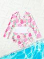 Young Girl's Floral Print Hollow Out Waist Long Sleeve One Piece Swimsuit