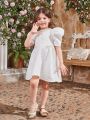 SHEIN Kids FANZEY Little Girls' Round Neck Floral Jacquard Dress With Faux Pearl Belt And Lace Trim