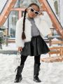 SHEIN Kids Cooltwn Young Girl Solid Open Front Fuzzy Coat