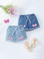 Young Girls' Retro College Style Bowknot Print Elastic Waist Drawstring Wide Leg Comfortable Denim Shorts Two-Piece Set