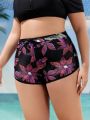 SHEIN Swim SPRTY Plus Size Women'S Leaf Print Swim Shorts With Diagonal Pocket