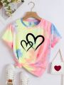 Tween Girls' Casual Simple Tie-Dye Heart Pattern Short Sleeve Round Neck T-Shirt, Suitable For Summer