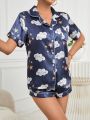 Women'S Clouds & Stars Printed Satin Pajama Set