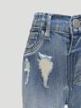 Little Girl's Light Washed Blue Stretch Ripped Denim Trousers