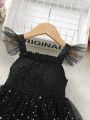 SHEIN Kids CHARMNG Gorgeous And Romantic Little Girl's Slim-Fitting Sequined Mesh Dress With Flying Sleeves, Summer