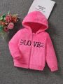 SHEIN Kids QTFun Young Girl Letter Embroidery Hooded Teddy Jacket